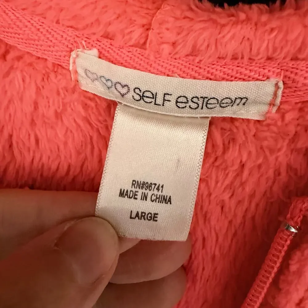 Self Esteem Girls Fleece Vest Hooded Sequin Full Zip Closure Neon Pink Large